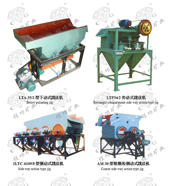 LTA-55/2型下動(dòng)式跳汰機(jī) Below pulsating jig LTP34/2旁動(dòng)式跳汰機(jī) Rectangle compartment side way action type jig 2LTC-6109/8型側(cè)動(dòng)式跳汰機(jī) Side way action type jig AM-30型粗顆粒側(cè)動(dòng)式跳汰機(jī) Coarse side way action type jig